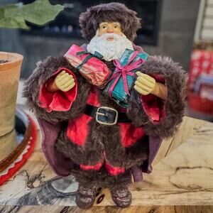 Vintage Old World Santa in Brown Faux Fur & Plum Clothtique-Like Hat & Cape 10"H